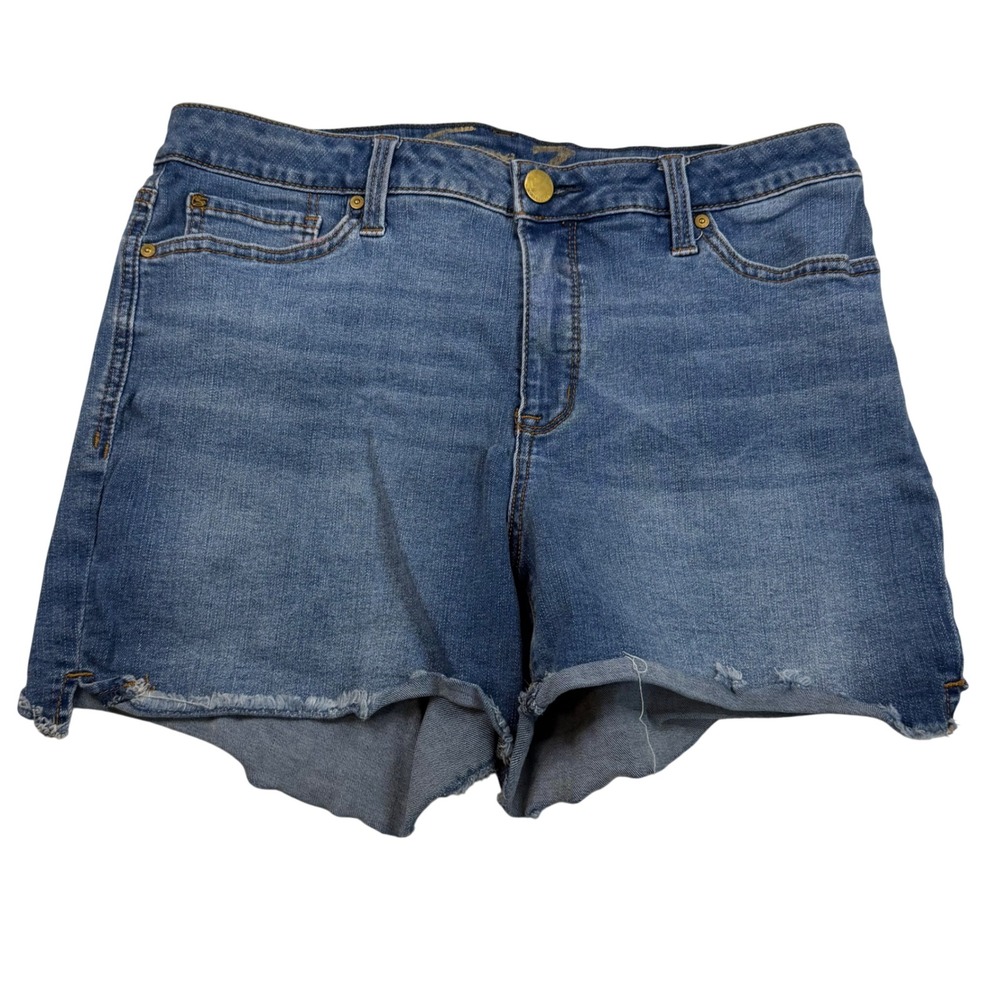 Seven7 Womens Medium Wash Raw Hem Denim Shorts Size 14 Blue Stretch 5067